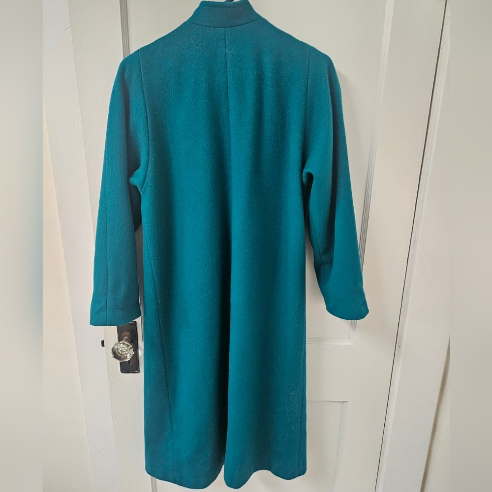 Vintage Long Winter Coat Blue/Green Teal 100% Wool Button Down Pockets Small - Picture 2 of 12